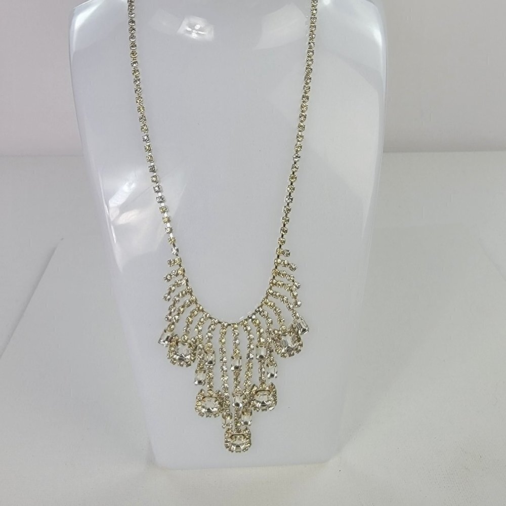Vintage Silver Tone Clear Rhinestones Crystal Waterfall Tennis Necklace 15.5"
